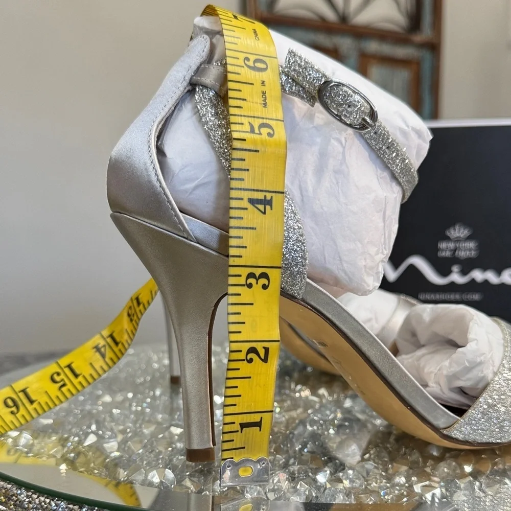 Nina Venus Silver Glitter & Satin Strappy High Heels NEW 9